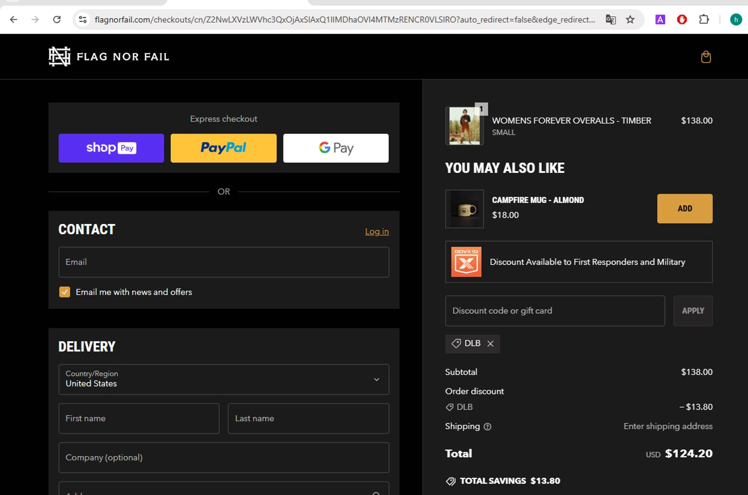 Flag Nor Fail discount code screenshot showing code DLB applied at Flag Nor Fail checkout page. Uploaded by SimplyCodes community member VictoriousGuardian220 on Mar 11, 2025