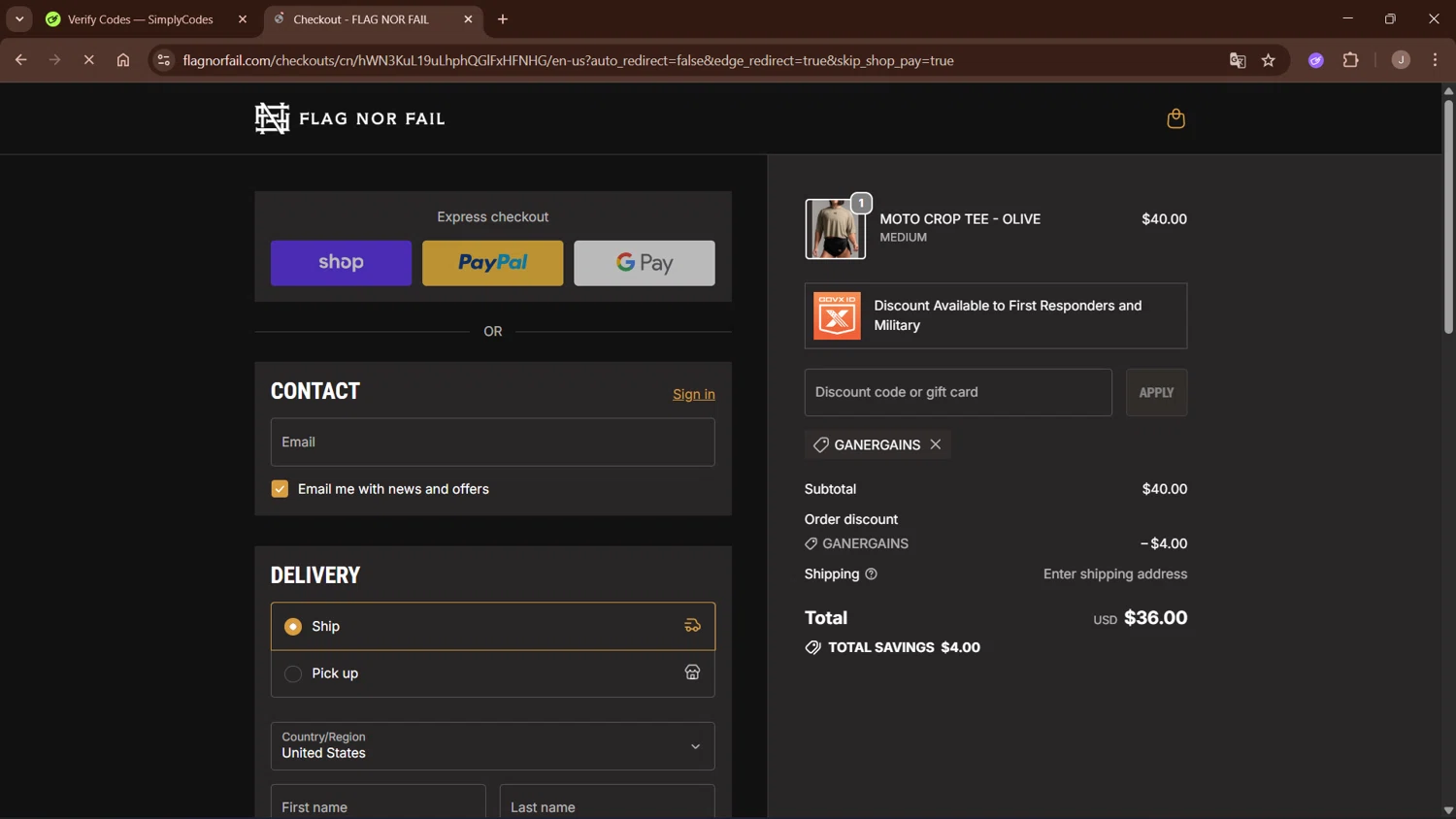 Flag Nor Fail discount code screenshot showing code GANERGAINS applied at Flag Nor Fail checkout page. Uploaded by SimplyCodes community member WisePro3955 on Sep 24, 2025