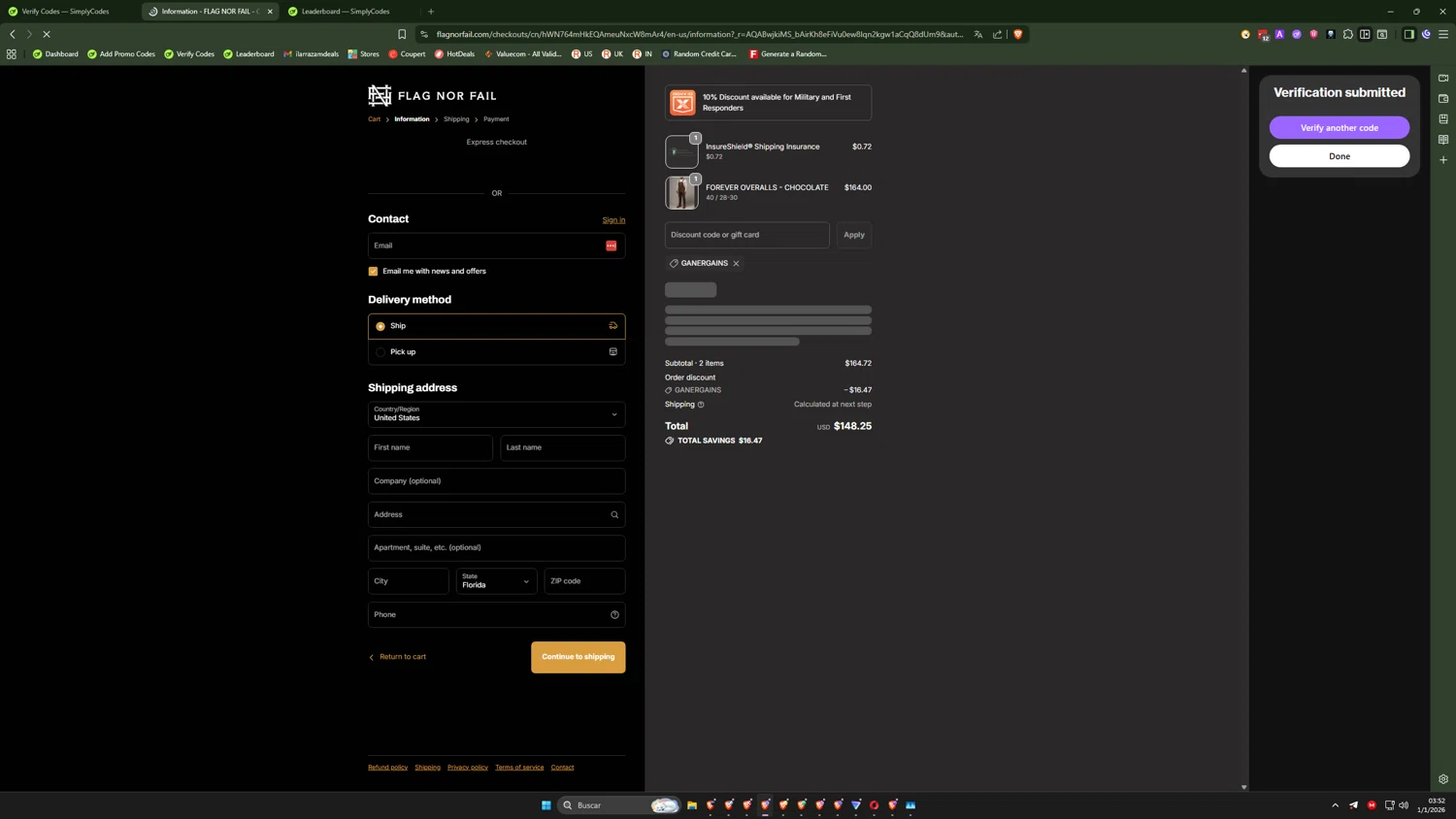 Flag Nor Fail discount code screenshot showing code GANERGAINS applied at Flag Nor Fail checkout page. Uploaded by SimplyCodes community member QuantumRider5931 on Jan 1, 2026