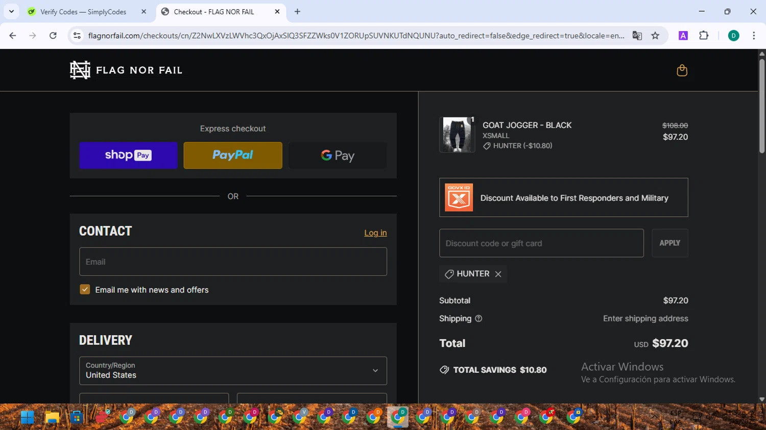 Flag Nor Fail discount code screenshot showing code HUNTER applied at Flag Nor Fail checkout page. Uploaded by SimplyCodes community member NobleSleuth2804 on May 2, 2025
