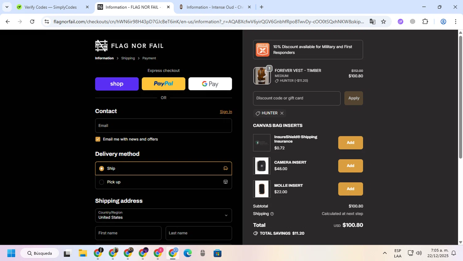 Flag Nor Fail discount code screenshot showing code HUNTER applied at Flag Nor Fail checkout page. Uploaded by SimplyCodes community member greulis on Dec 22, 2025