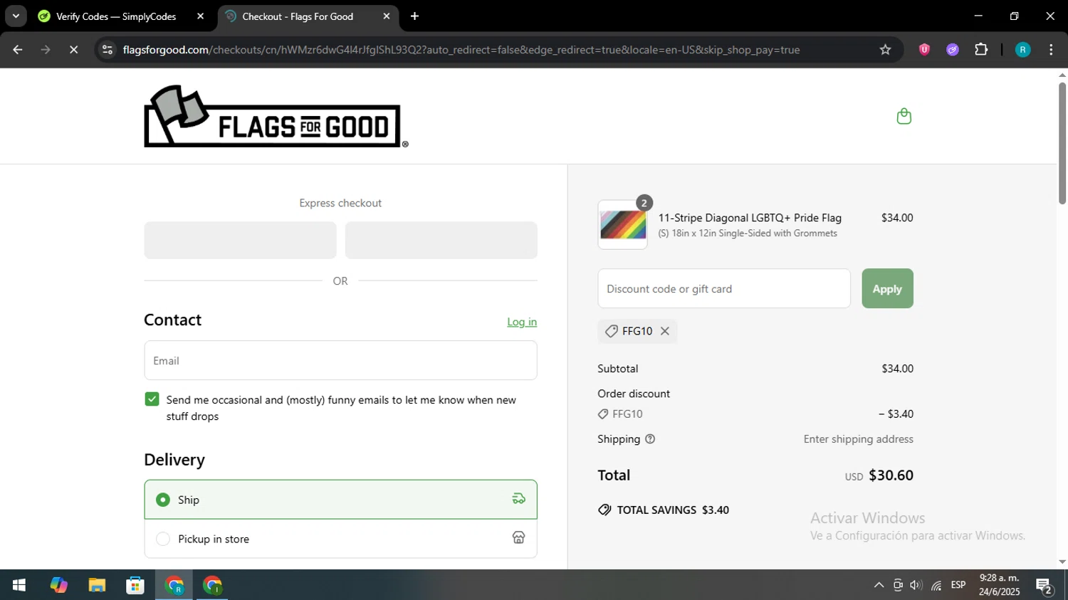 Flags For Good discount code screenshot showing code FFG10 applied at Flags For Good checkout page. Uploaded by SimplyCodes community member CashWizard4502 on Jun 24, 2025