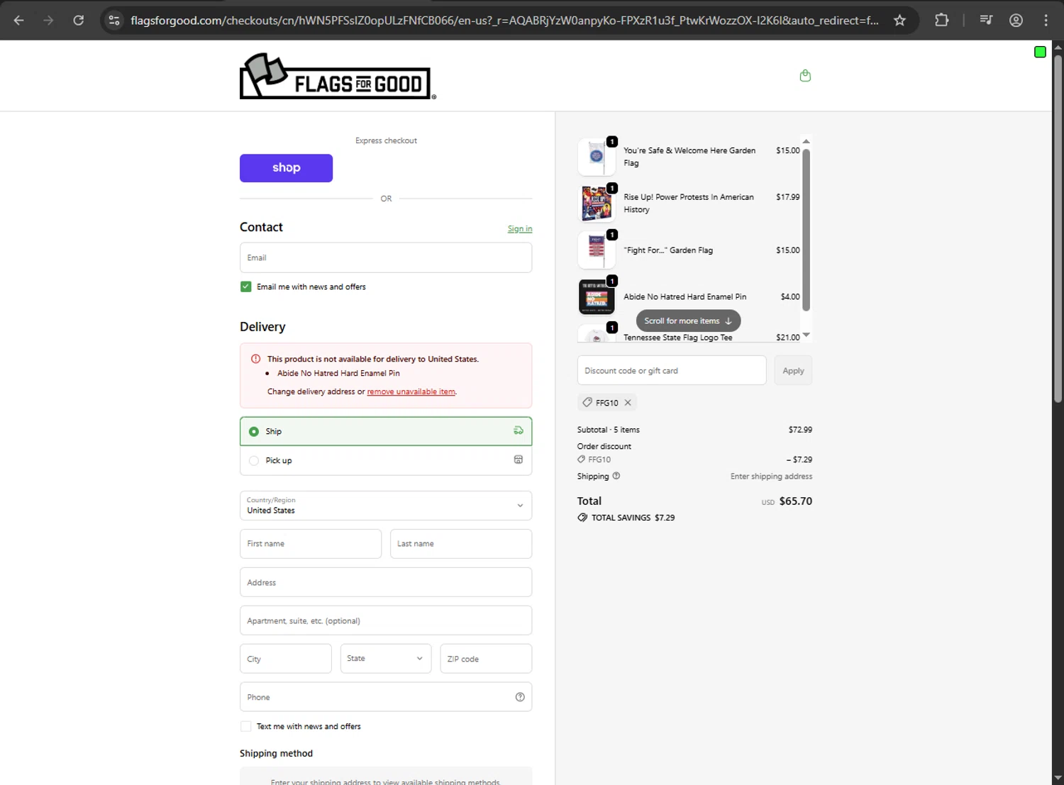 Flags For Good discount code screenshot showing code FFG10 applied at Flags For Good checkout page. Uploaded by SimplyCodes community member jickselyspolanco on Nov 17, 2025