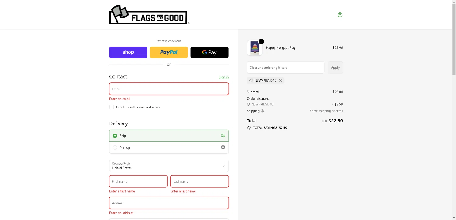 Flags For Good discount code screenshot showing code NEWFRIEND10 applied at Flags For Good checkout page. Uploaded by SimplyCodes community member ValueWarden2887 on Nov 22, 2025