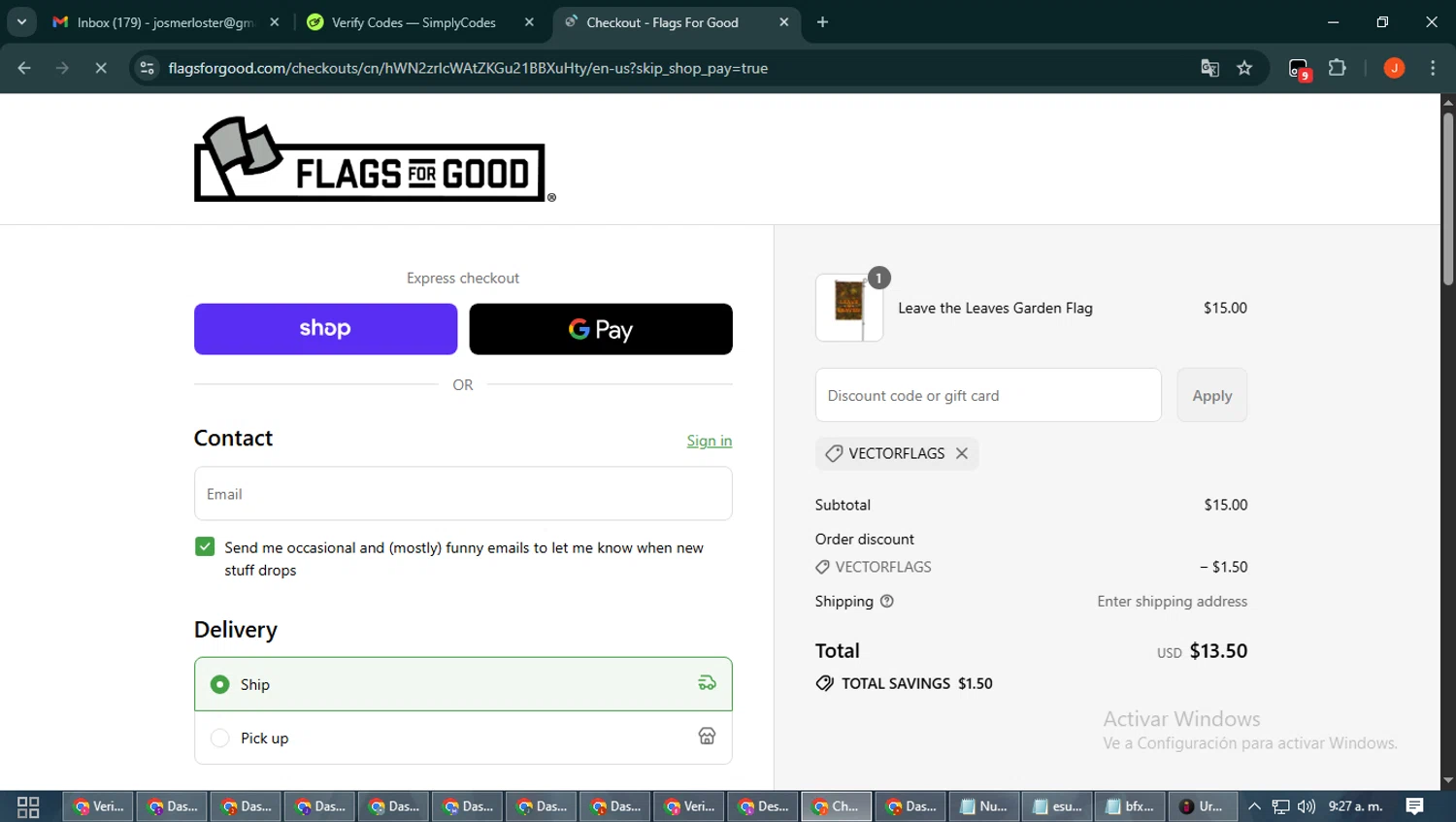 Flags For Good discount code screenshot showing code VECTORFLAGS applied at Flags For Good checkout page. Uploaded by SimplyCodes community member NobleAce2304 on Sep 15, 2025