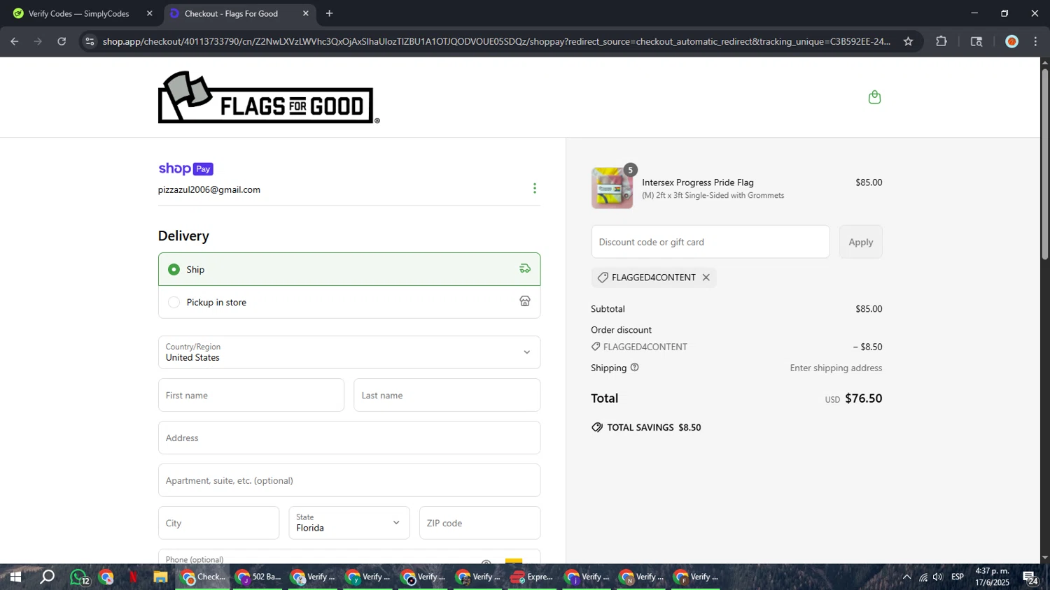 Flags For Good discount code screenshot showing code FLAGGED4CONTENT applied at Flags For Good checkout page. Uploaded by SimplyCodes community member BonusCaptain9927 on Jun 17, 2025