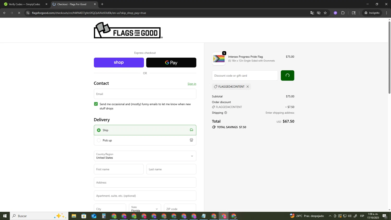 Flags For Good discount code screenshot showing code FLAGGED4CONTENT applied at Flags For Good checkout page. Uploaded by SimplyCodes community member CBR600 on Oct 17, 2025