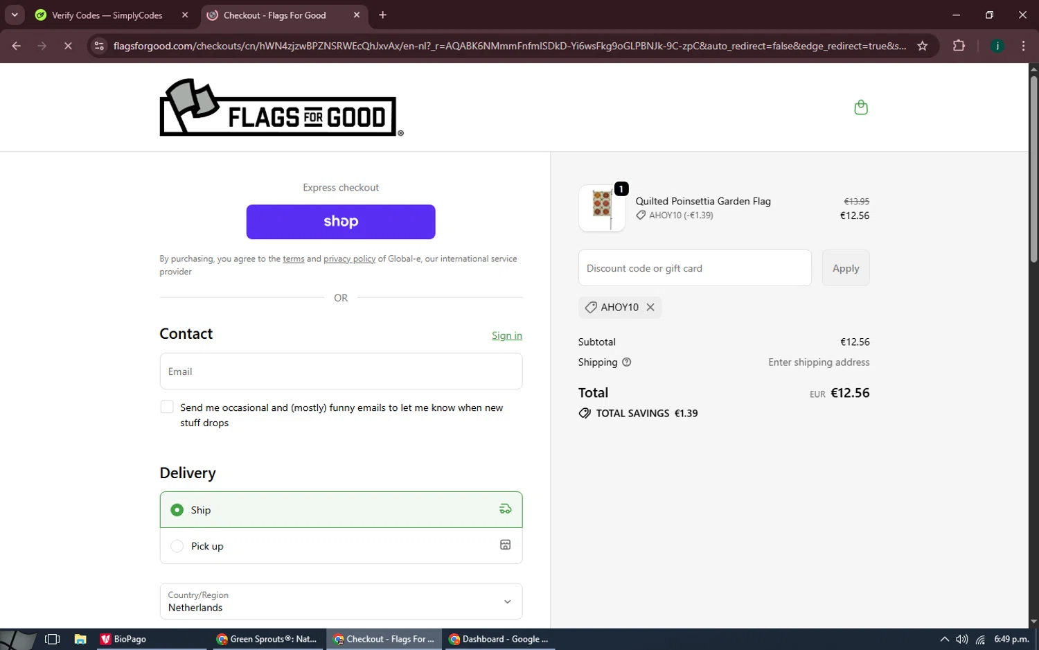 Flags For Good discount code screenshot showing code AHOY10 applied at Flags For Good checkout page. Uploaded by SimplyCodes community member MoneySpotter5416 on Nov 6, 2025