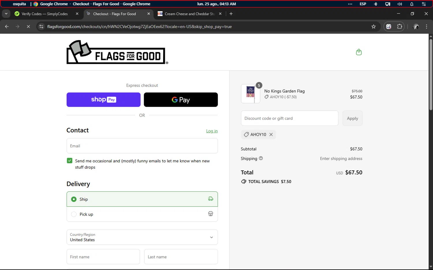 Flags For Good discount code screenshot showing code AHOY10 applied at Flags For Good checkout page. Uploaded by SimplyCodes community member ELMARRON on Aug 25, 2025