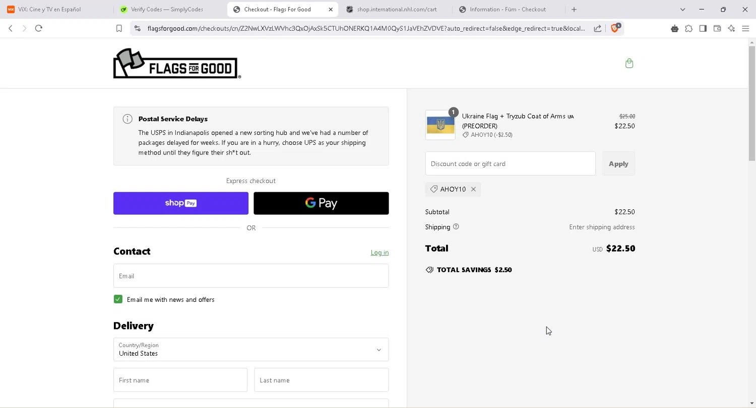 Flags For Good discount code screenshot showing code AHOY10 applied at Flags For Good checkout page. Uploaded by SimplyCodes community member miawallace on Mar 2, 2025