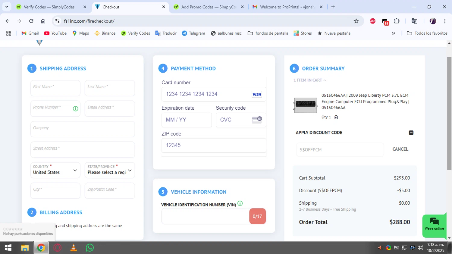 Flagship One discount code screenshot showing code 5$OFFPCM applied at Flagship One checkout page. Uploaded by SimplyCodes community member Moderador on Feb 10, 2025