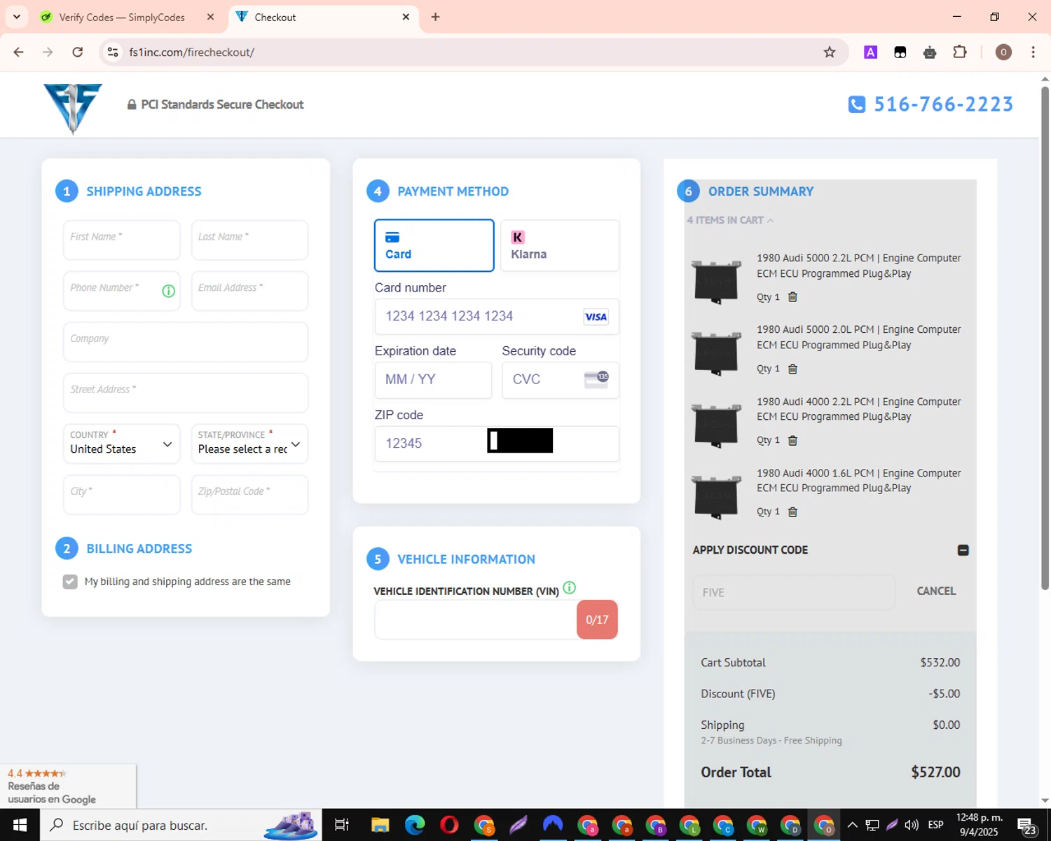 Flagship One discount code screenshot showing code FIVE applied at Flagship One checkout page. Uploaded by SimplyCodes community member PromoHero8877 on Apr 9, 2025