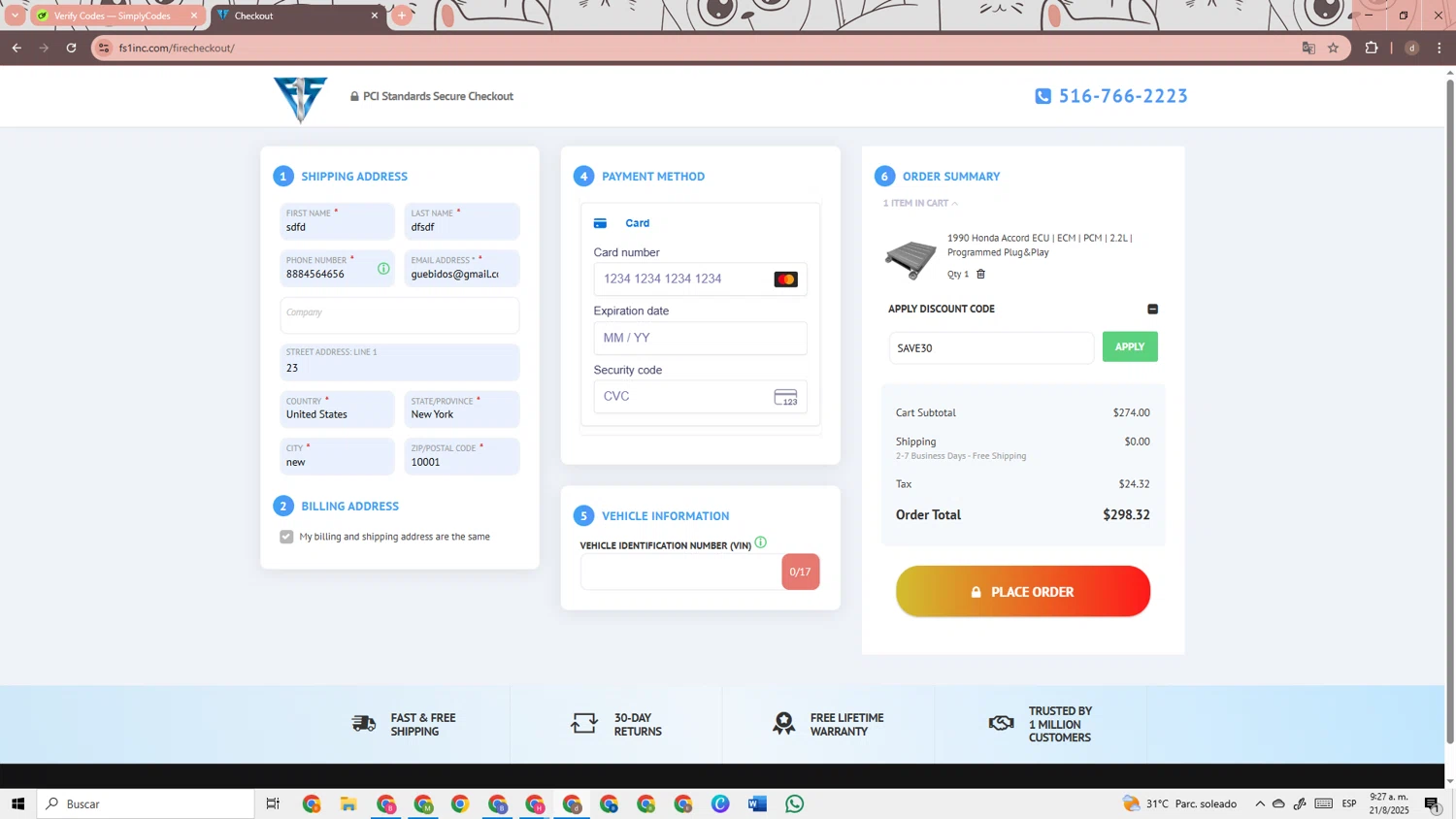 Flagship One discount code screenshot showing code SAVE30 applied at Flagship One checkout page. Uploaded by SimplyCodes community member RebateRanger3247 on Aug 21, 2025