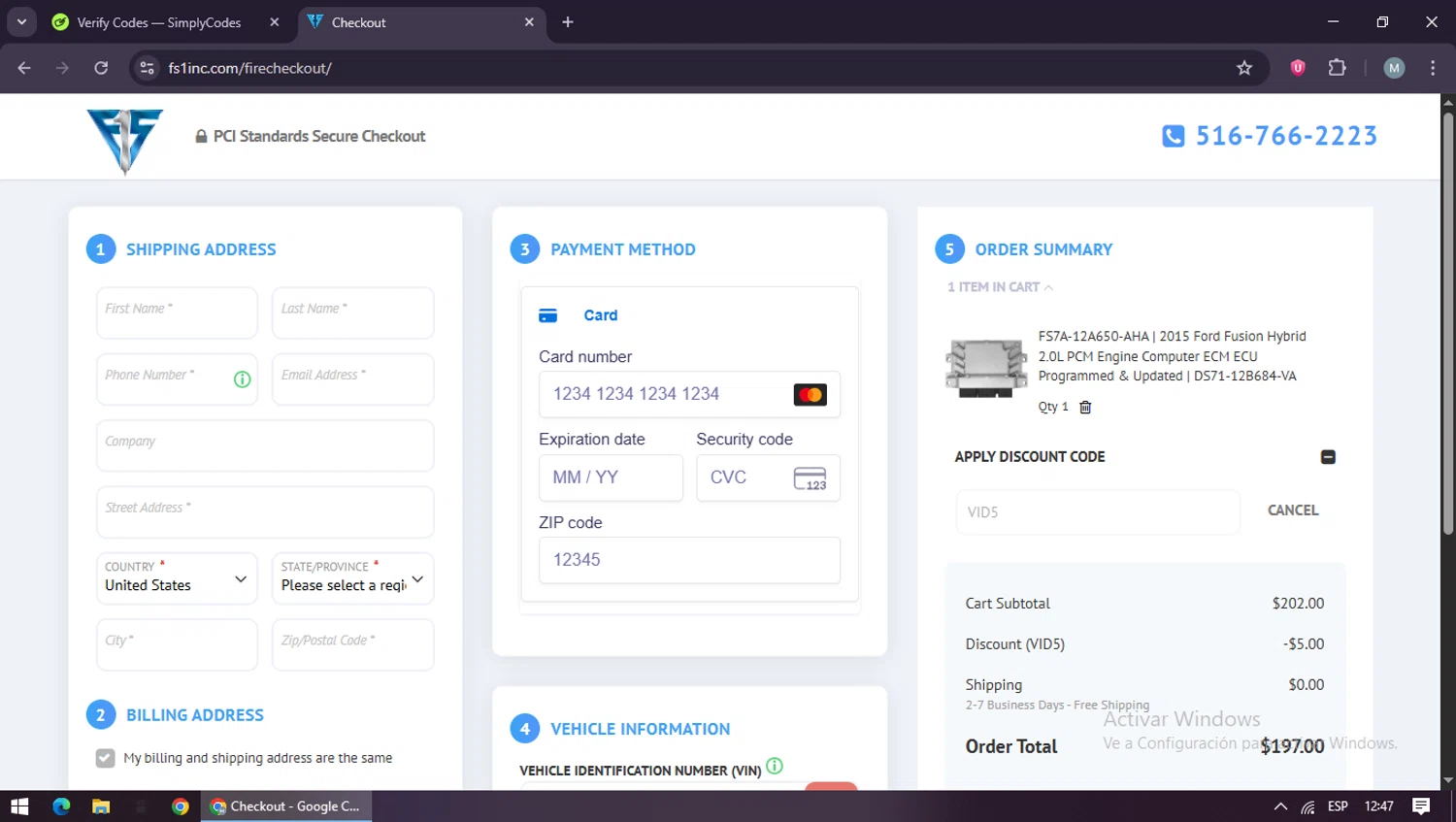 Flagship One discount code screenshot showing code VID5 applied at Flagship One checkout page. Uploaded by SimplyCodes community member maraxo on Nov 1, 2025