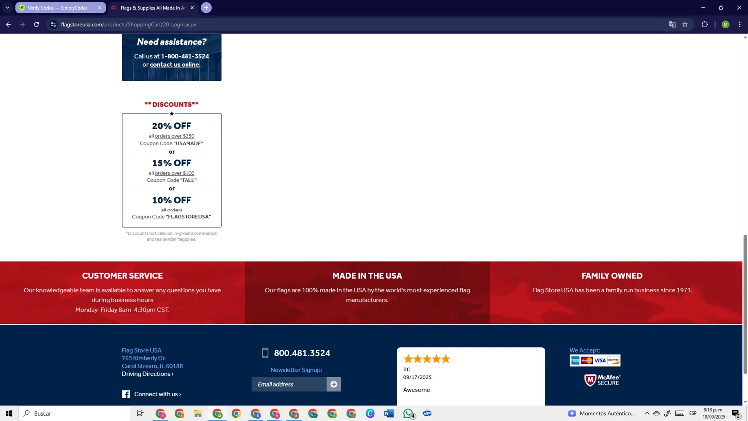 Flag Store USA checkout page showing Flag Store USA discount code box | Screenshot taken by SimplyCodes community member on Sep 19, 2025