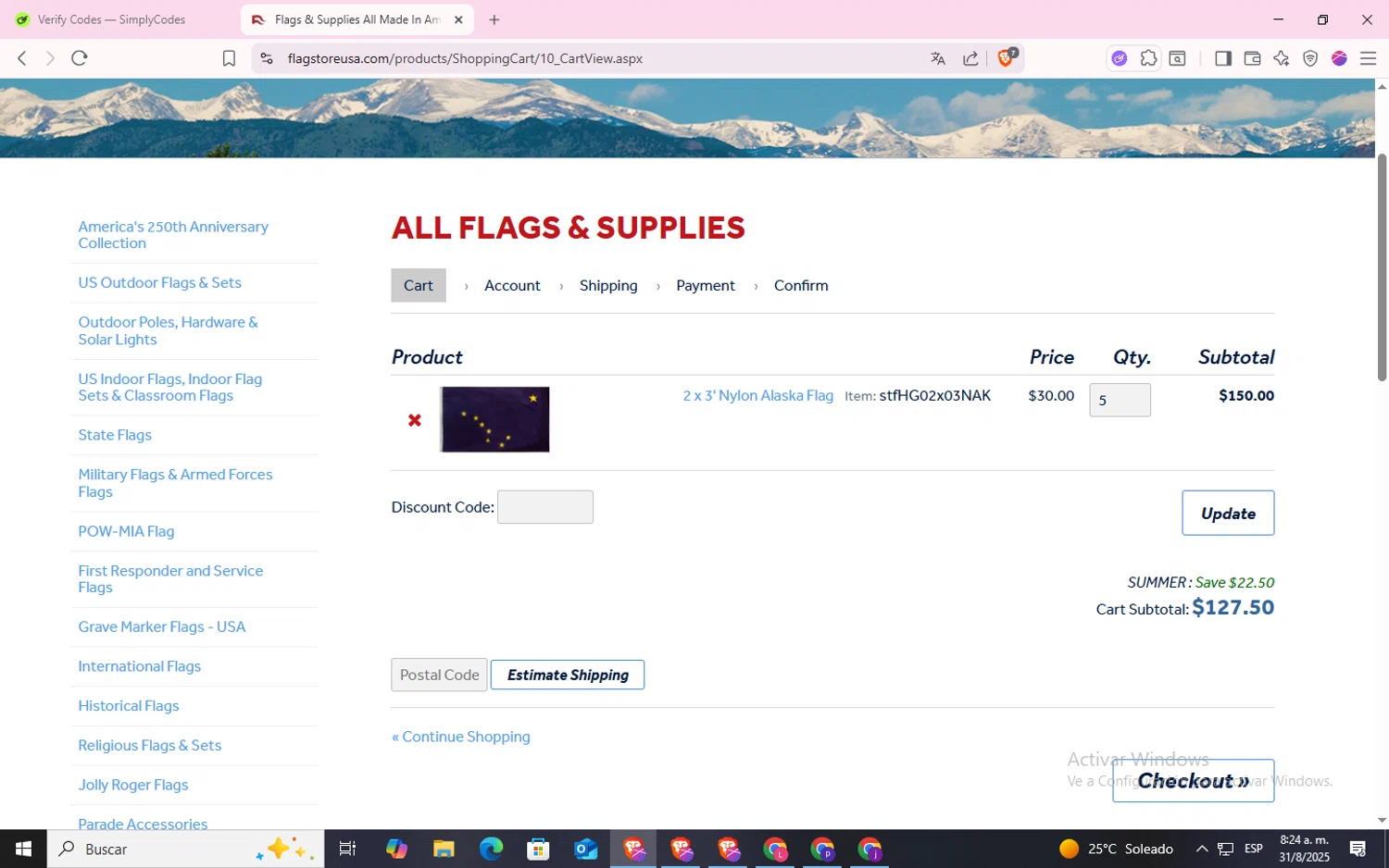Flag Store USA checkout page showing Flag Store USA discount code box | Screenshot taken by SimplyCodes community member on Aug 31, 2025