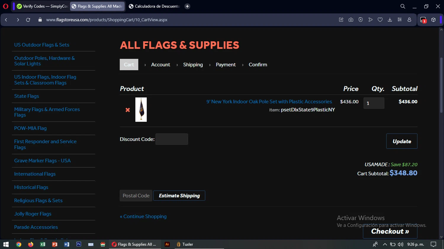 Flag Store USA discount code screenshot showing code USAMade applied at Flag Store USA checkout page. Uploaded by SimplyCodes community member SavingsTiger3479 on May 25, 2025