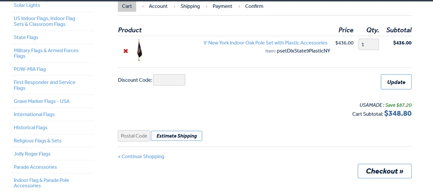 Flag Store USA discount code screenshot showing code USAMade applied at Flag Store USA checkout page. Uploaded by SimplyCodes community member VoucherOwl4844 on Jun 15, 2025