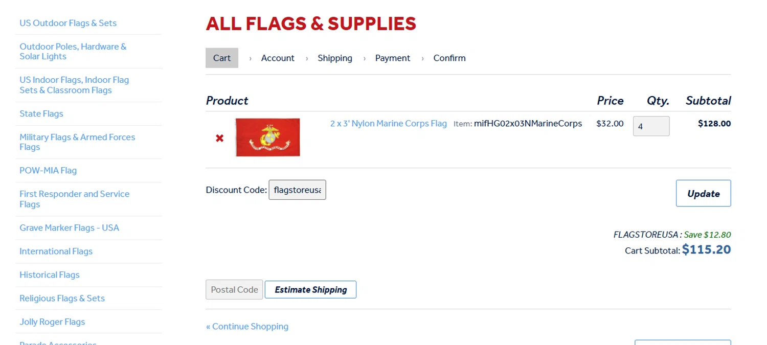 Flag Store USA discount code screenshot showing code flagstoreusa applied at Flag Store USA checkout page. Uploaded by SimplyCodes community member David_Gut_Sonic on Jun 15, 2025