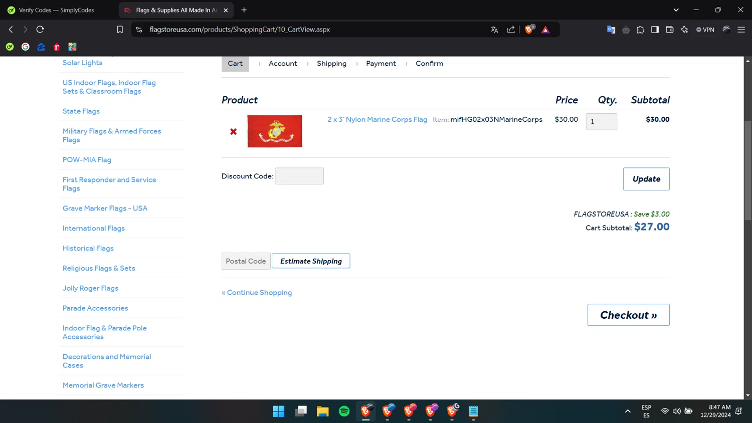 Flag Store USA discount code screenshot showing code flagstoreusa applied at Flag Store USA checkout page. Uploaded by SimplyCodes community member Liiink on Dec 29, 2024