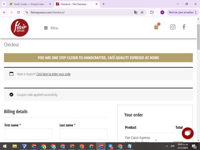 Flair Espresso Maker checkout page showing Flair Espresso Maker promo code box | Screenshot taken by SimplyCodes community member on Feb 21, 2025