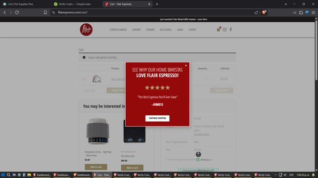 Flair Espresso Maker checkout page showing Flair Espresso Maker promo code box | Screenshot taken by SimplyCodes community member on Jun 12, 2025
