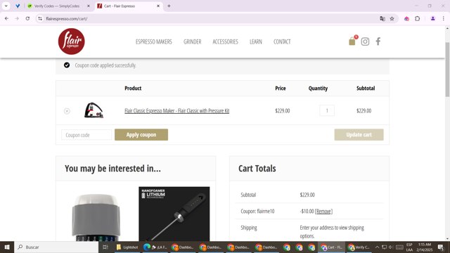 Flair Espresso Maker checkout page showing Flair Espresso Maker promo code box | Screenshot taken by SimplyCodes community member on Feb 14, 2025