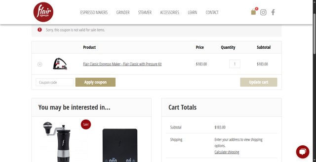 Flair Espresso Maker checkout page showing Flair Espresso Maker promo code box | Screenshot taken by SimplyCodes community member on May 24, 2025