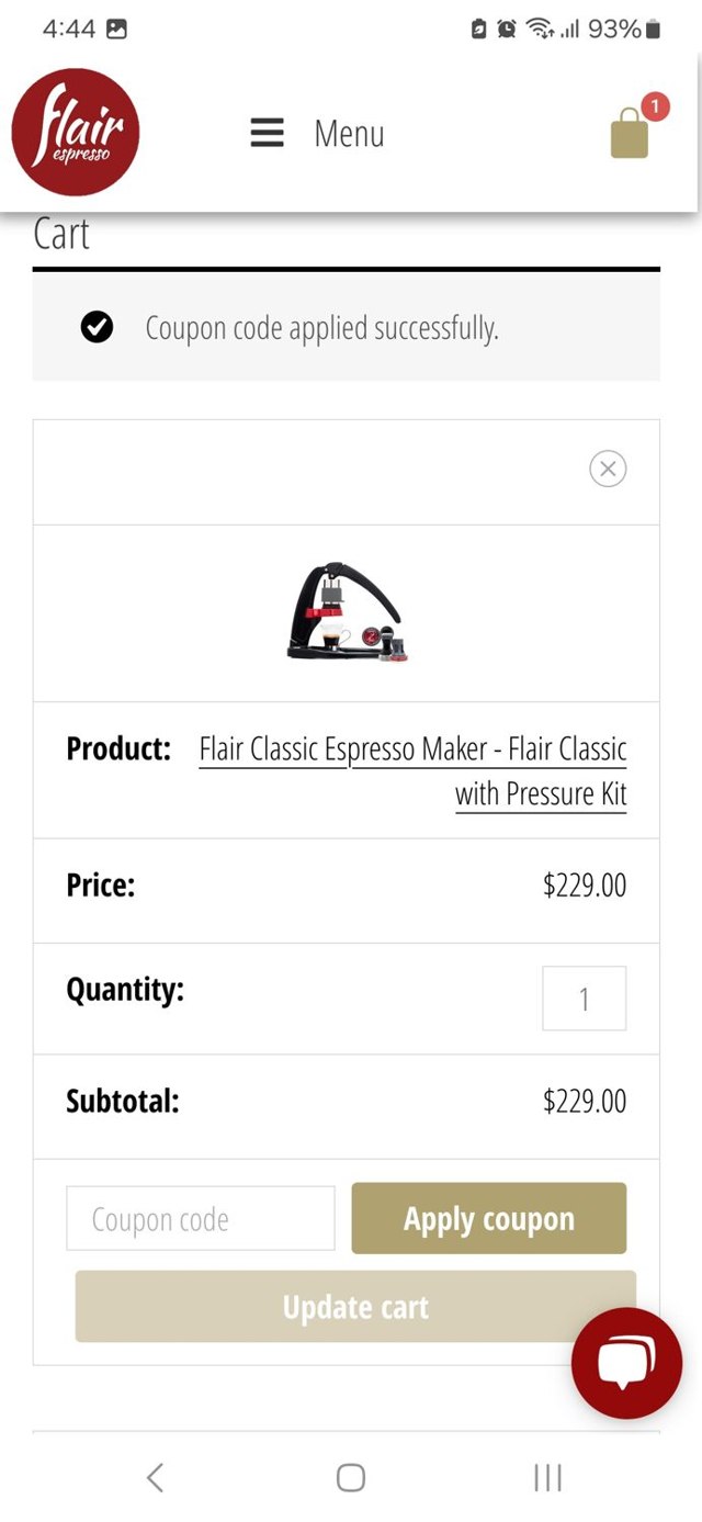 Flair Espresso Maker checkout page showing Flair Espresso Maker promo code box | Screenshot taken by SimplyCodes community member on May 8, 2025