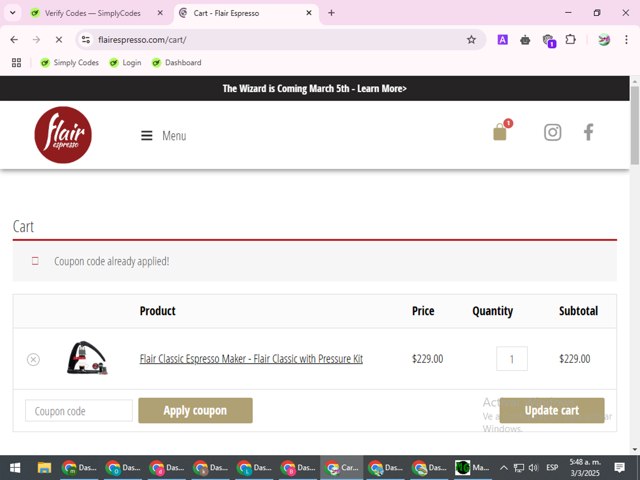 Flair Espresso Maker checkout page showing Flair Espresso Maker promo code box | Screenshot taken by SimplyCodes community member on Mar 3, 2025