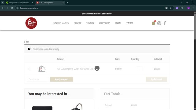 Flair Espresso Maker checkout page showing Flair Espresso Maker promo code box | Screenshot taken by SimplyCodes community member on May 15, 2025
