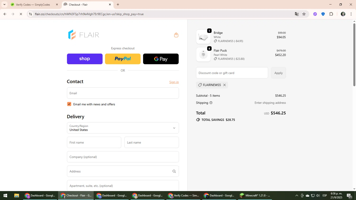 Flair promo code screenshot showing code FLAIRNEWS5 applied at Flair checkout page. Uploaded by SimplyCodes community member CleverLynx6871 on Sep 21, 2025