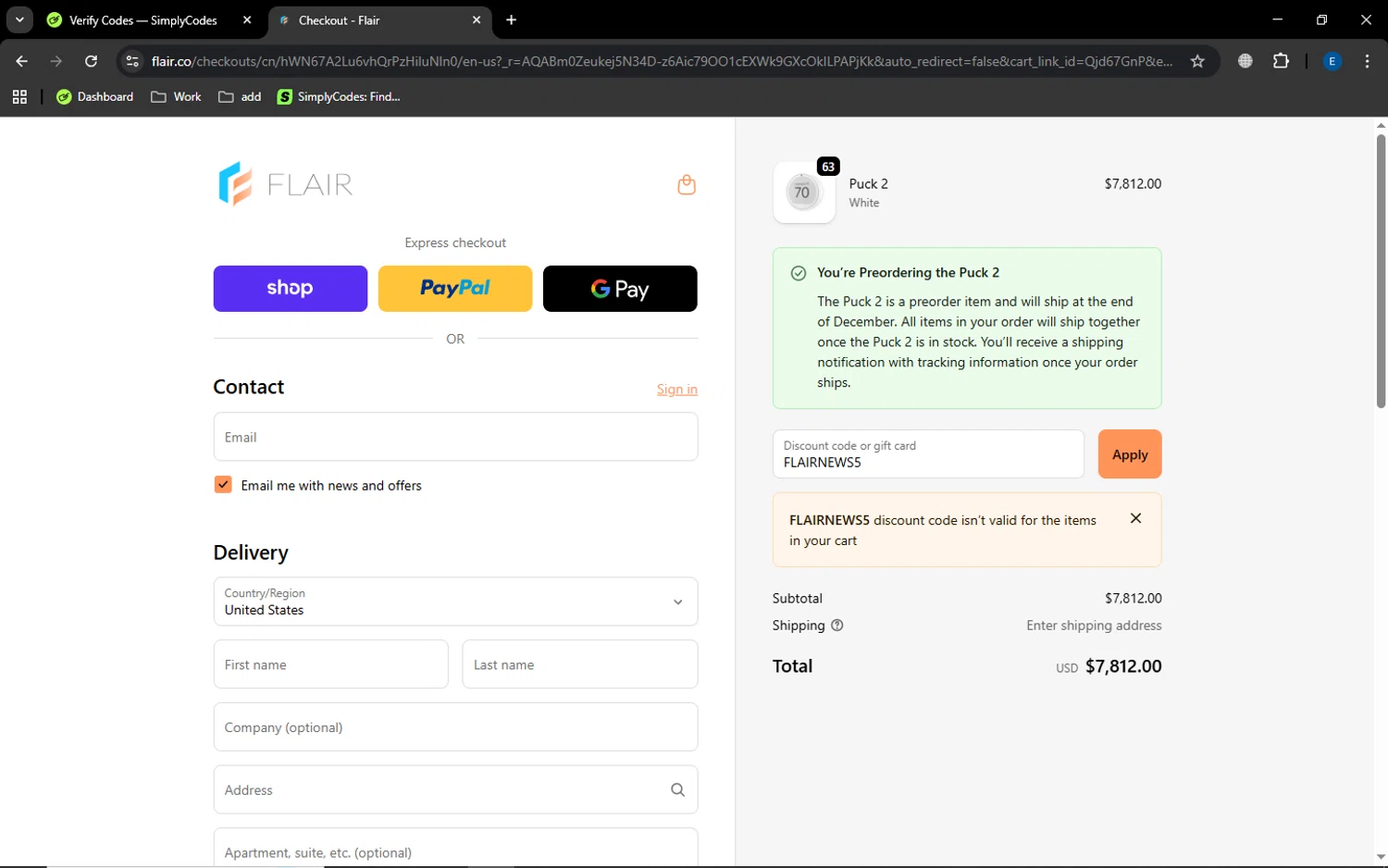 Flair promo code screenshot showing code FLAIRNEWS5 applied at Flair checkout page. Uploaded by SimplyCodes community member MoneyGenius452 on Dec 6, 2025