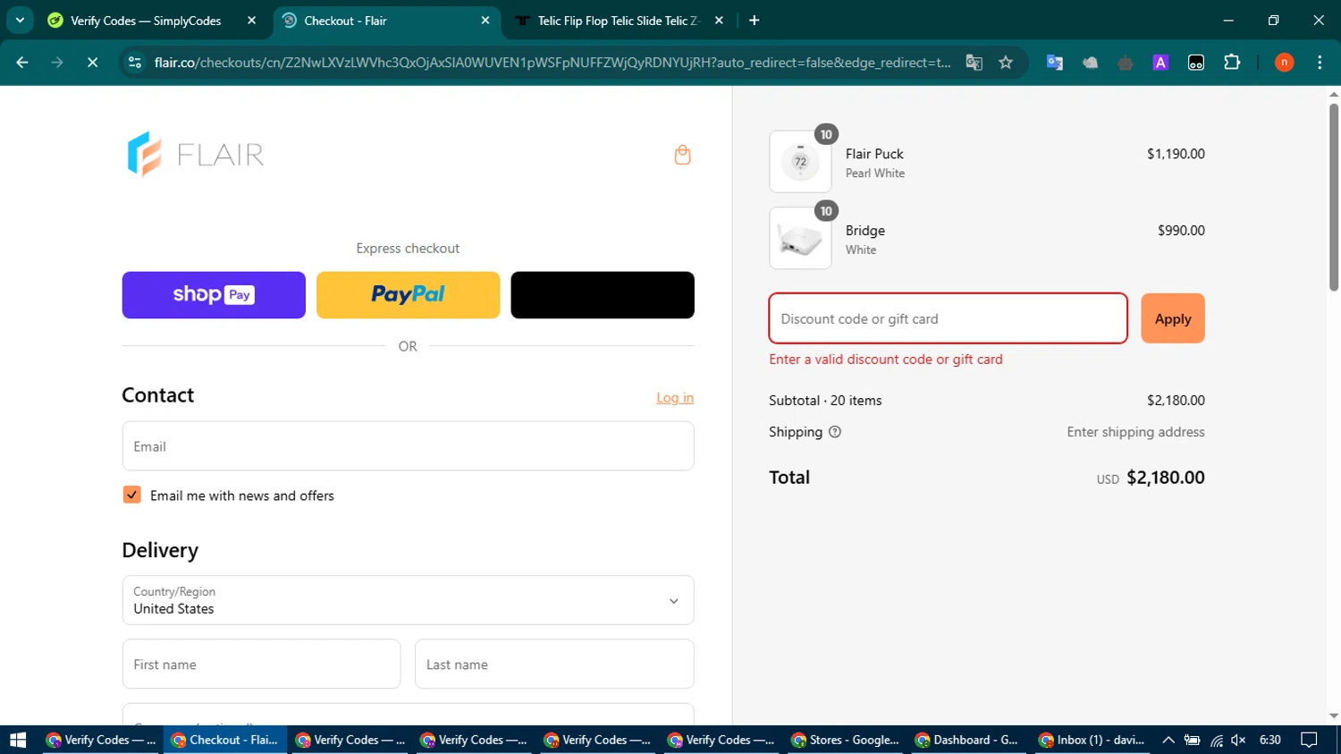 Flair promo code screenshot showing code PRES25 applied at Flair checkout page. Uploaded by SimplyCodes community member CoinMaven895 on Mar 12, 2025