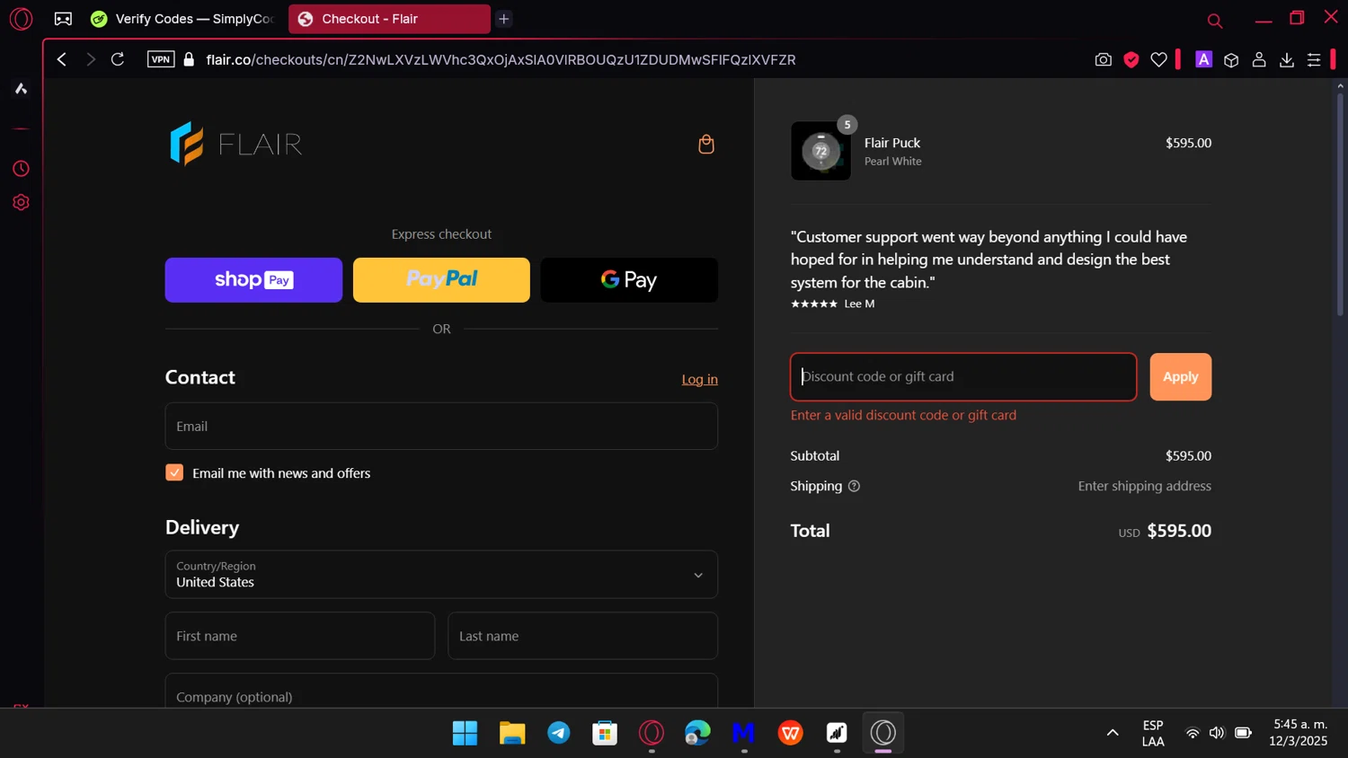 Flair promo code screenshot showing code PRES25 applied at Flair checkout page. Uploaded by SimplyCodes community member comidaparallevar on Mar 12, 2025