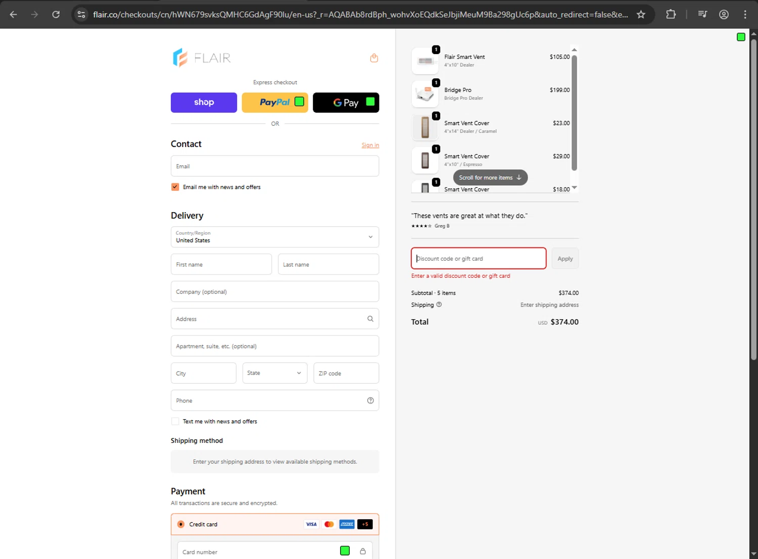 Flair promo code screenshot showing code SMS5 applied at Flair checkout page. Uploaded by SimplyCodes community member MRDEAL on Dec 6, 2025