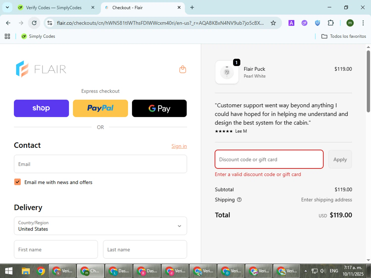 Flair promo code screenshot showing code FRIEND-KP2JNSN applied at Flair checkout page. Uploaded by SimplyCodes community member VoucherCollector9196 on Nov 10, 2025