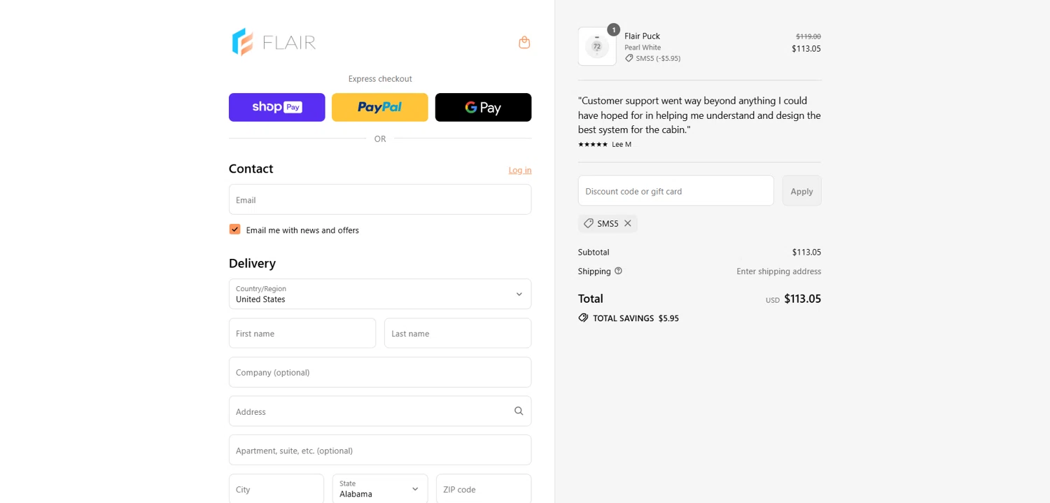 Flair promo code screenshot showing code SMS5 applied at Flair checkout page. Uploaded by SimplyCodes community member Dorothy on Aug 13, 2025