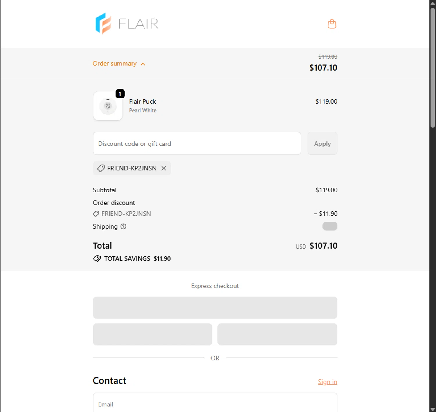 Flair promo code screenshot showing code FRIEND-KP2JNSN applied at Flair checkout page. Uploaded by SimplyCodes community member PillarsofCreation on Oct 6, 2025