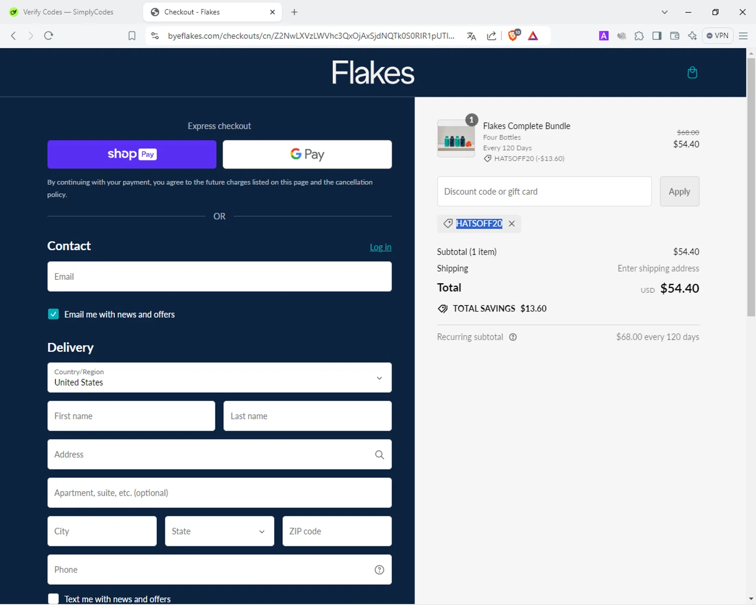 Flakes checkout page showing Flakes discount code box | Screenshot taken by SimplyCodes community member on Sep 12, 2024