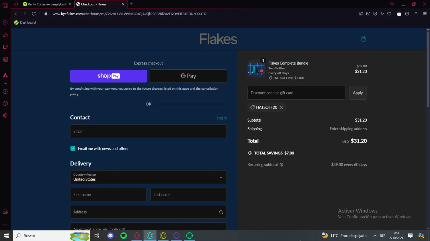 Flakes checkout page showing Flakes discount code box | Screenshot taken by SimplyCodes community member on Oct 2, 2024