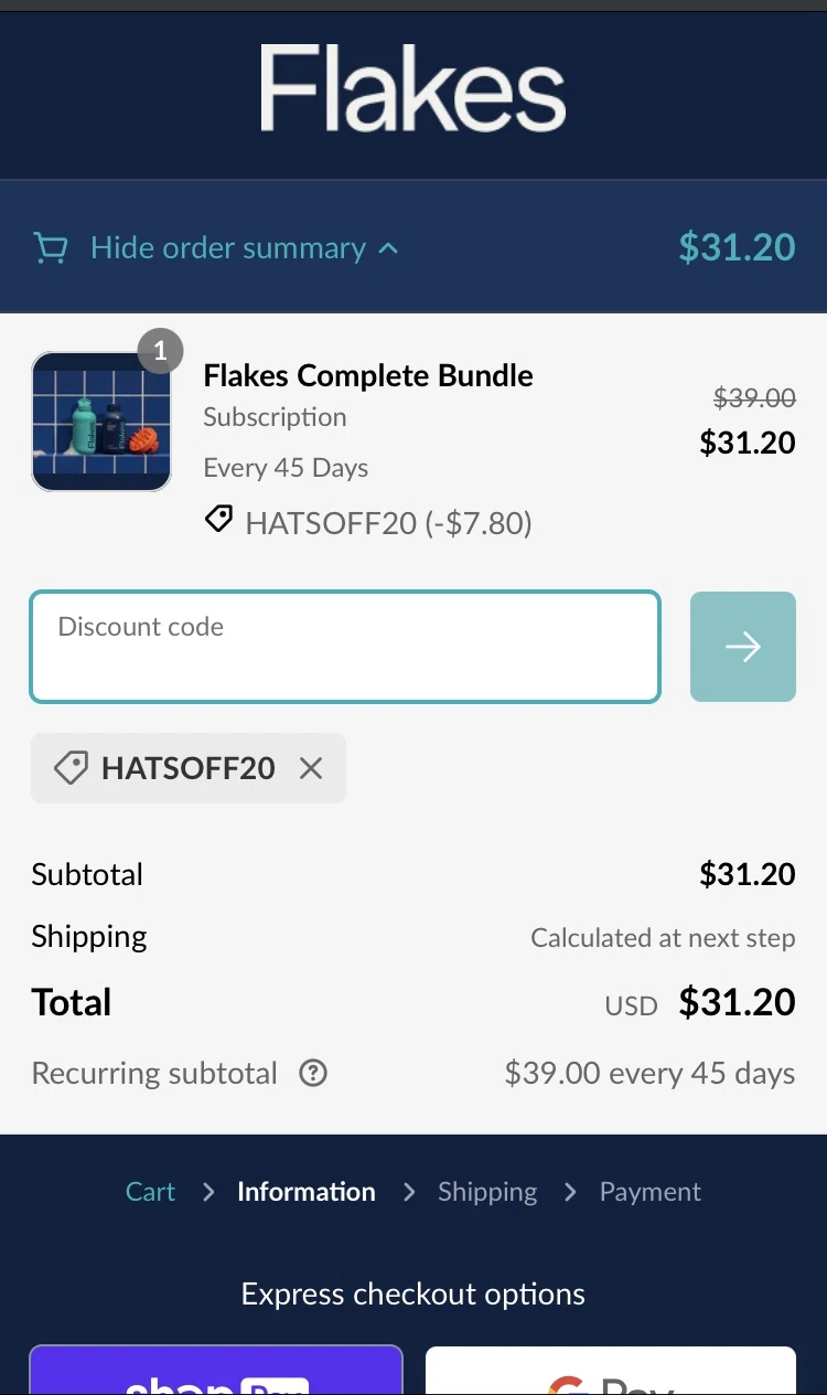 Flakes checkout page showing Flakes discount code box | Screenshot taken by SimplyCodes community member on May 14, 2023