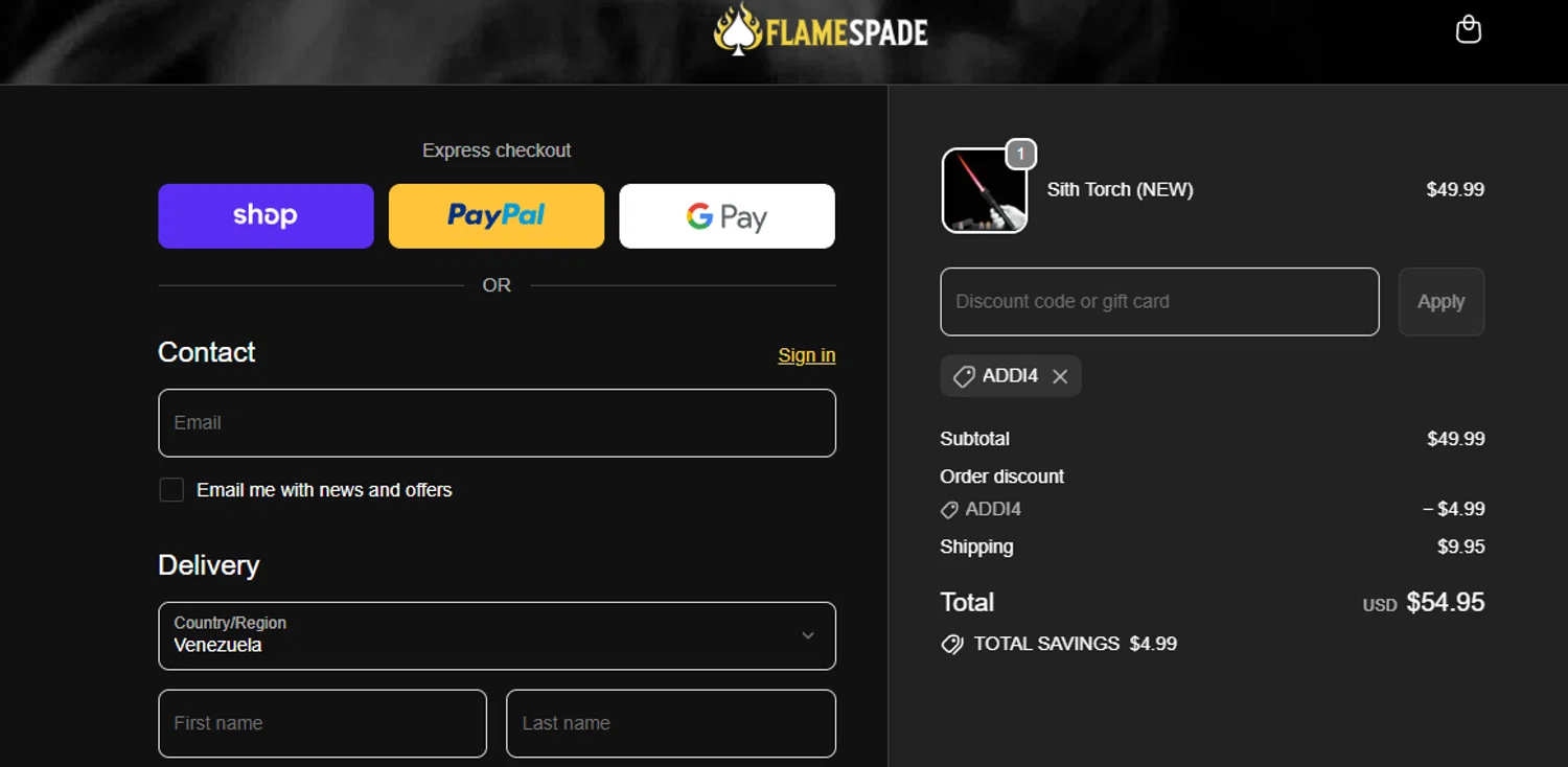 FlameSpade promo code screenshot showing code Addi4 applied at FlameSpade checkout page. Uploaded by SimplyCodes community member Billyyou on Feb 14, 2026