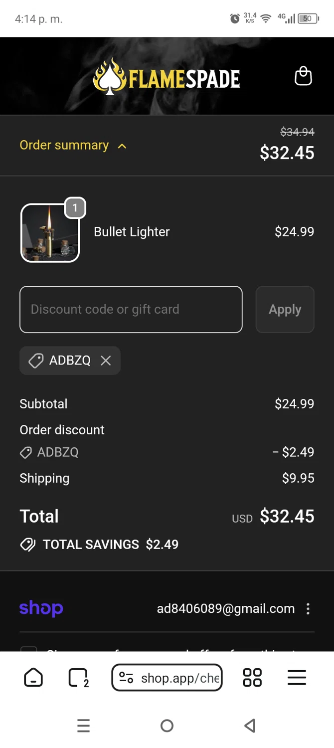 FlameSpade promo code screenshot showing code ADBZQ applied at FlameSpade checkout page. Uploaded by SimplyCodes community member AnthonyGuapeton94 on Feb 13, 2026