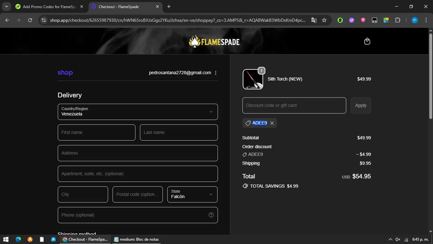 FlameSpade promo code screenshot showing code ADEE9 applied at FlameSpade checkout page. Uploaded by SimplyCodes community member MAVESA on Feb 13, 2026