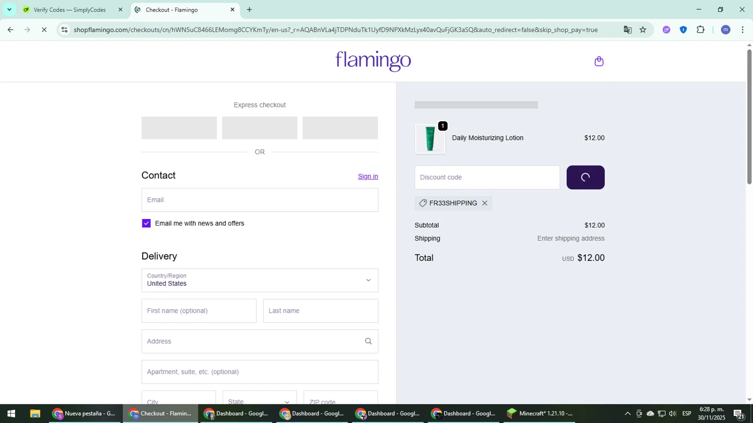 Flamingo promo code screenshot showing code FR33SHIPPING applied at Flamingo checkout page. Uploaded by SimplyCodes community member QuestDefender2661 on Nov 30, 2025