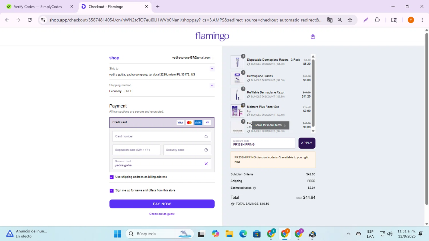 Flamingo promo code screenshot showing code FR33SHIPPING applied at Flamingo checkout page. Uploaded by SimplyCodes community member ycg487 on Sep 12, 2025