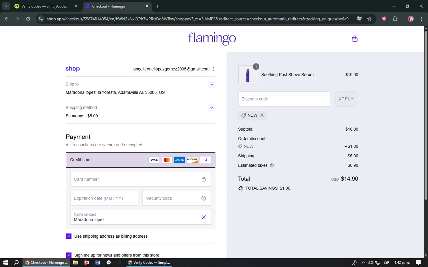 Flamingo promo code screenshot showing code NEW applied at Flamingo checkout page. Uploaded by SimplyCodes community member TreasureShopper9156 on Sep 8, 2025