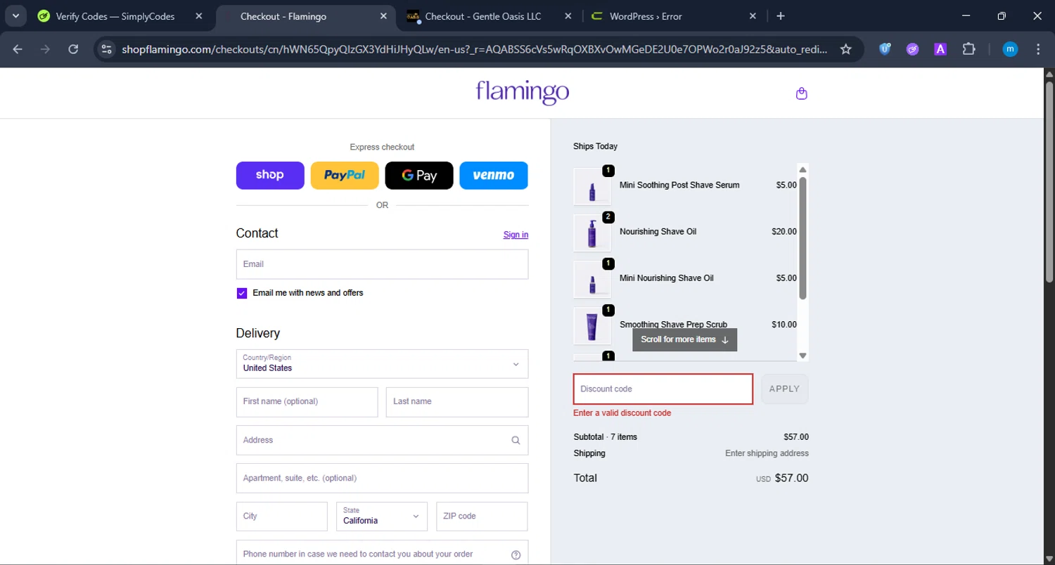 Flamingo promo code screenshot showing code bfcm10 applied at Flamingo checkout page. Uploaded by SimplyCodes community member LuckyWarden9122 on Dec 5, 2025