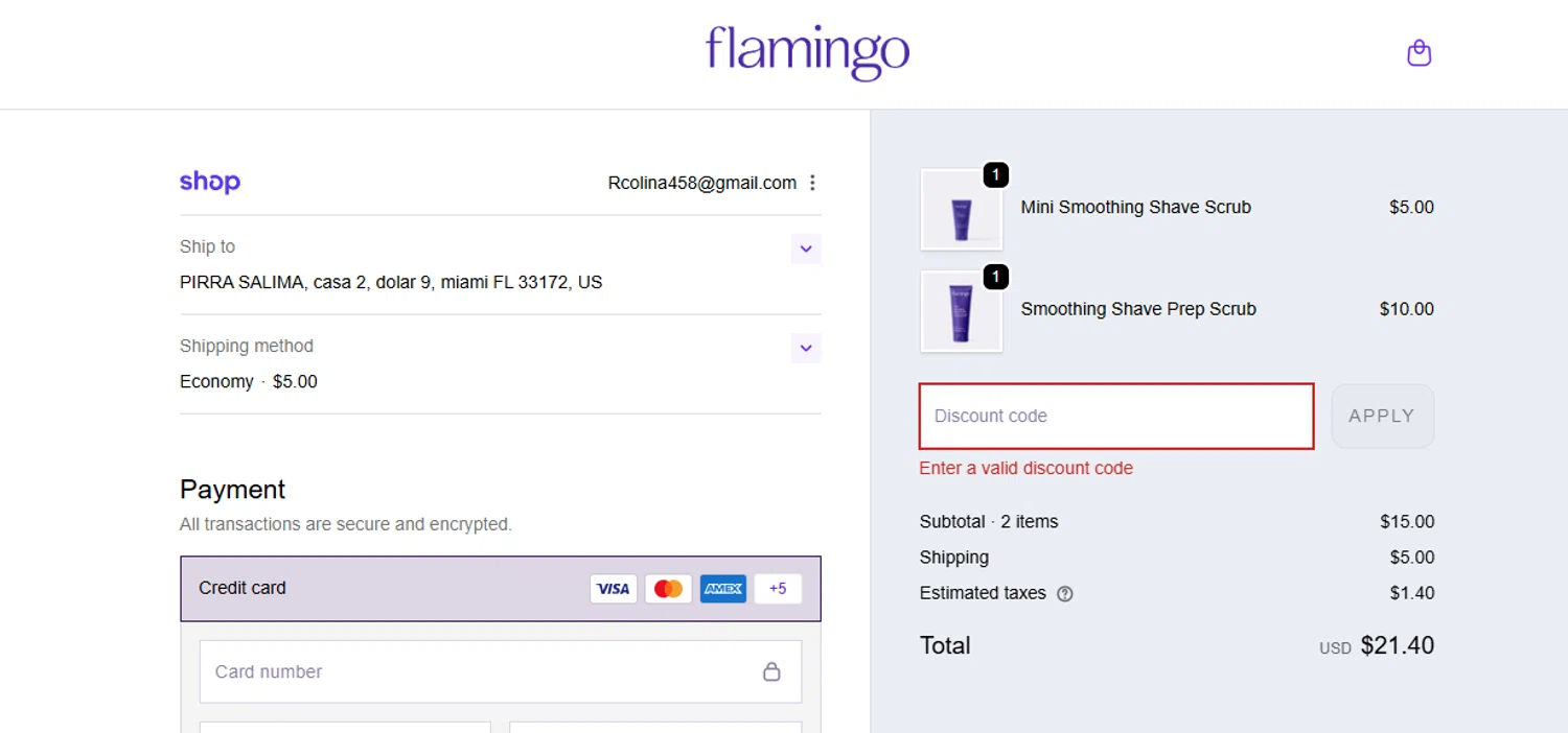 Flamingo promo code screenshot showing code BFCM15 applied at Flamingo checkout page. Uploaded by SimplyCodes community member MightyMaven4946 on Dec 5, 2025